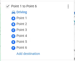 The left panel of My Maps. The route layer lists the mode of travel (driving) and the points from A to F