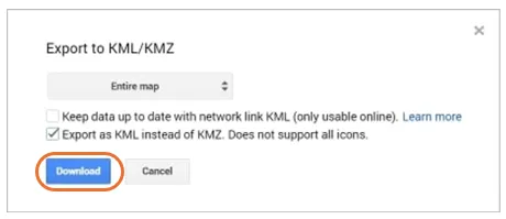 The “Export to KML/KMZ” window; press “Download”